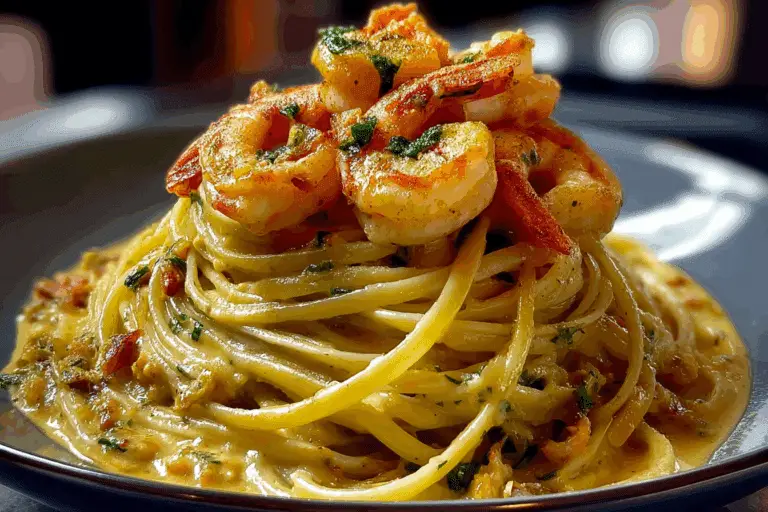 Creamy Cheddar Sauced Linguine & Shrimp