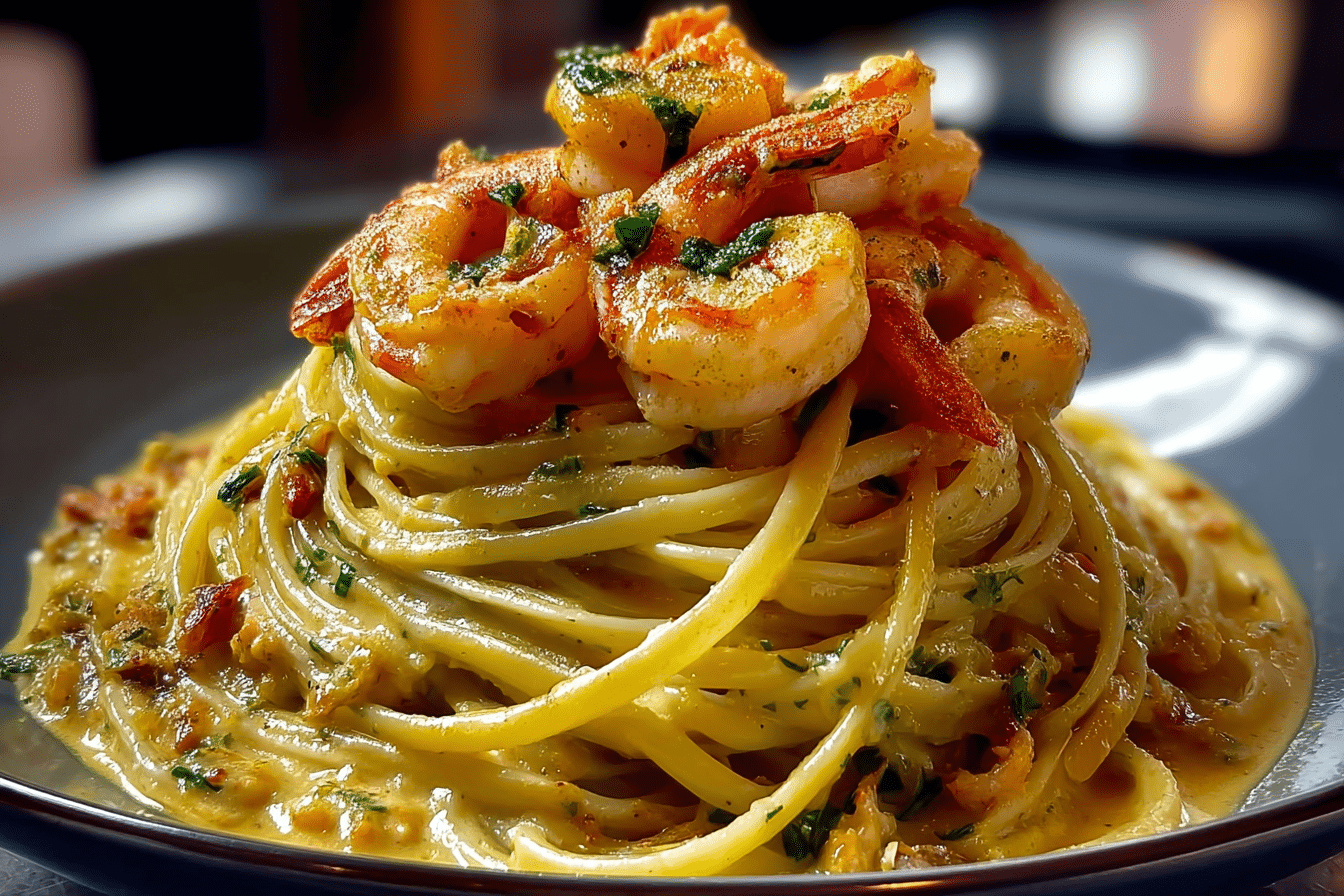 Creamy Cheddar Sauced Linguine & Shrimp