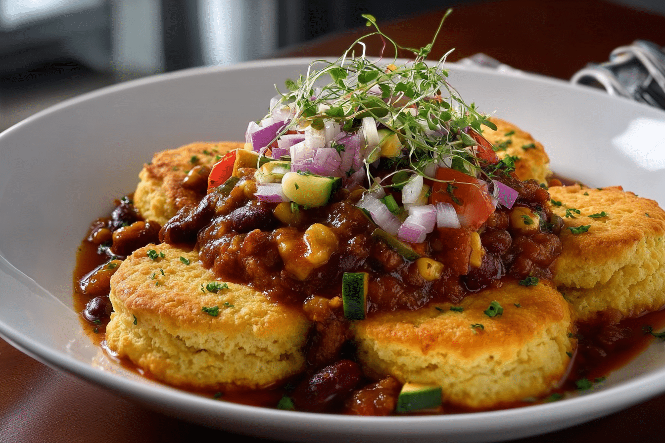 Roasted Vegetable Chili with Cornbread Biscuits