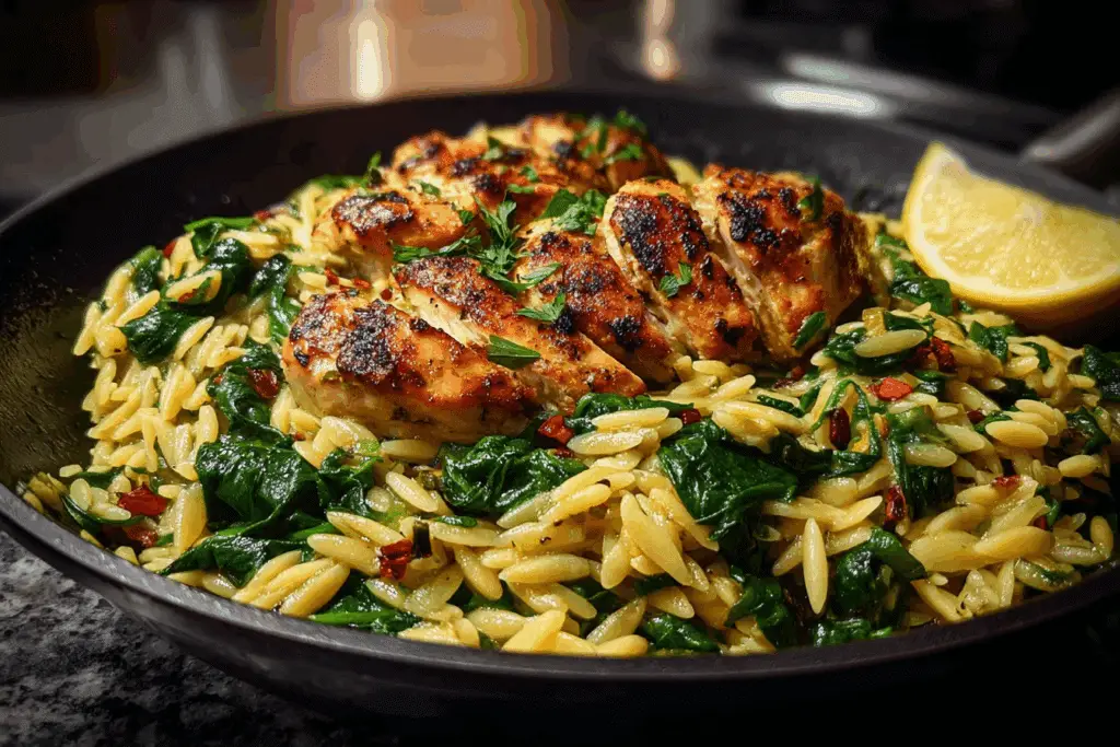 Skillet Lemon Herb Chicken Orzo with Spinach