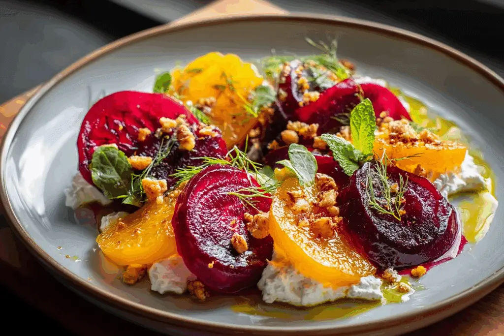 Roasted Beet Carpaccio with Whipped Goat Cheese & Orange Crunch