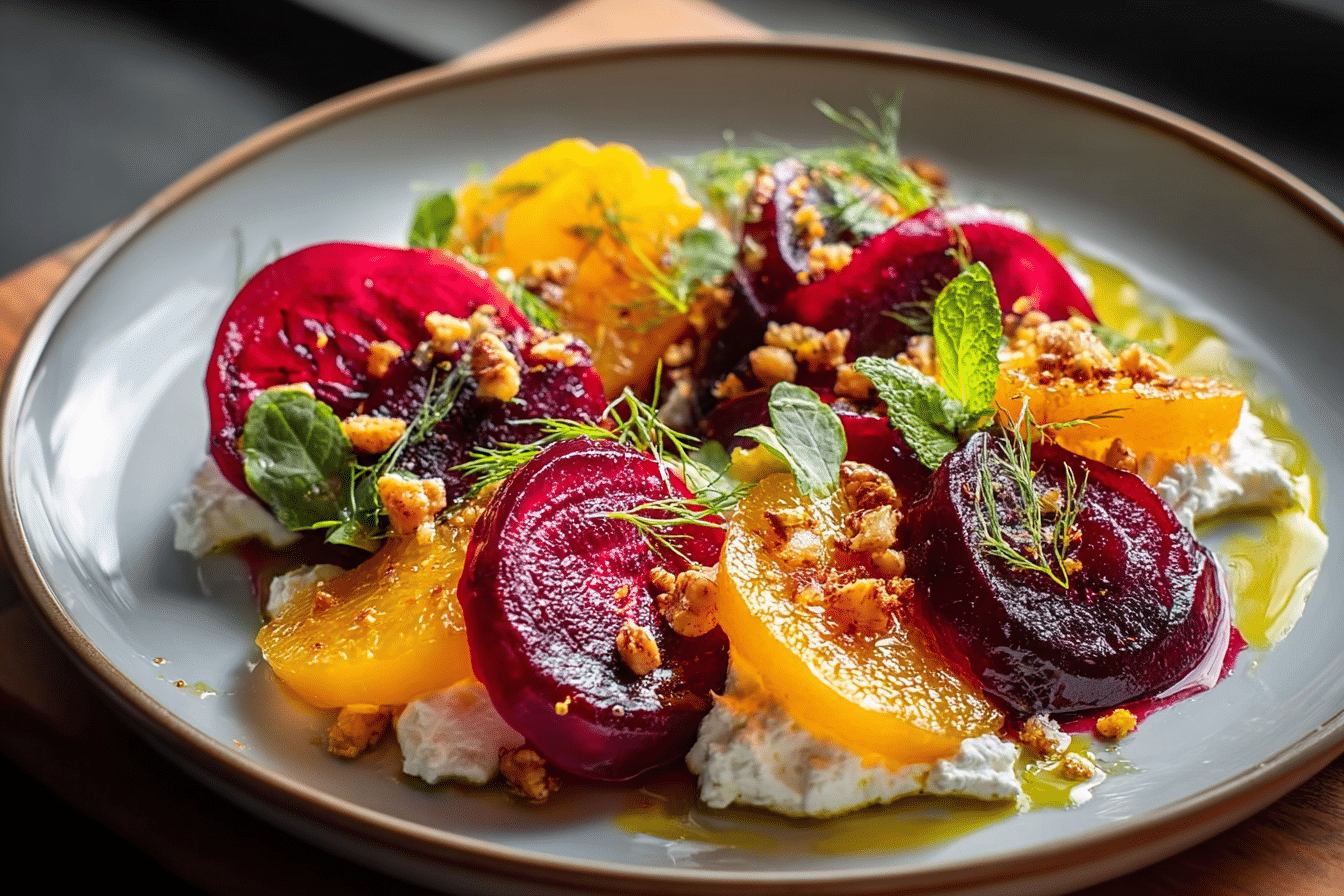 Roasted Beet Carpaccio with Whipped Goat Cheese & Orange Crunch