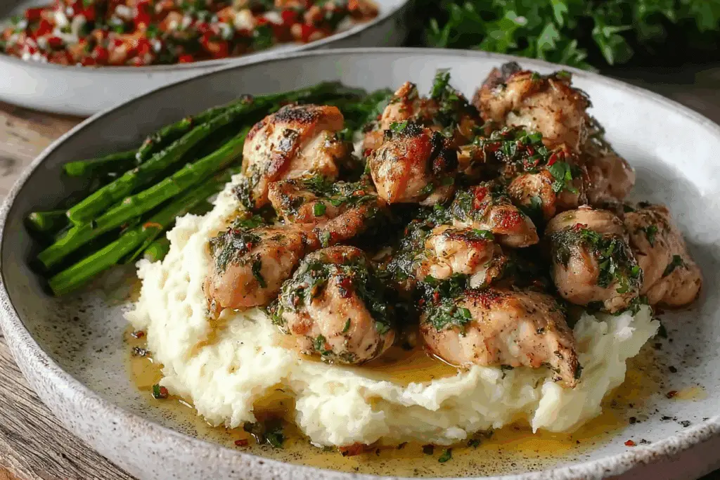 Garlic Butter Chimichurri Chicken Bites w/ Mash